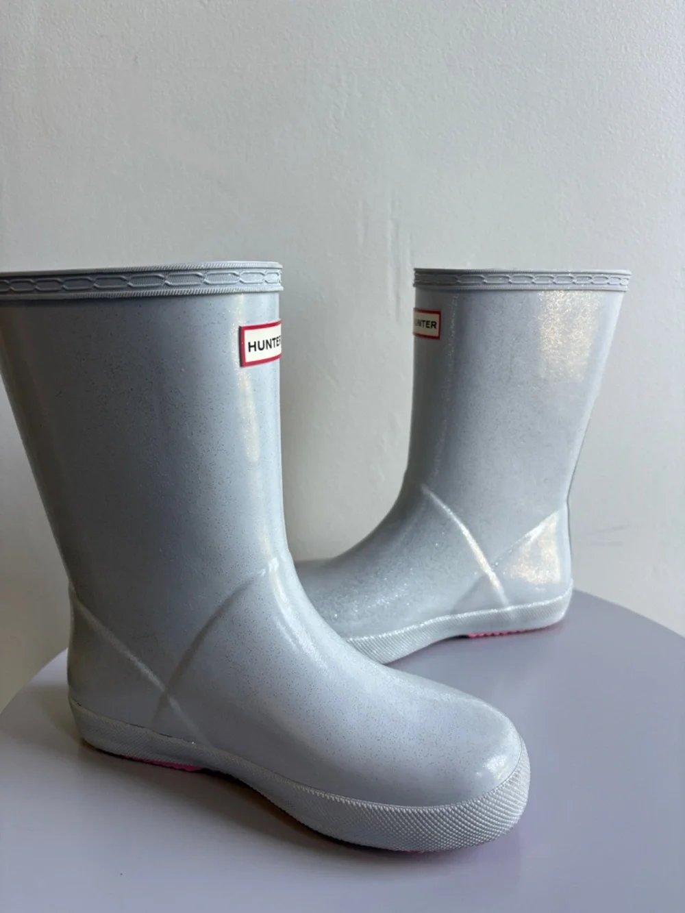 Hunter Rain Boots, Sparkly Silver w Pink Soles. Size 13. Like New